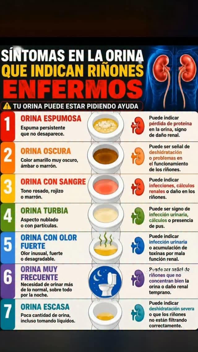 7 cambios en la orina que no deberías ignorar
¿Sabías que algunos cambios en la orina pueden ser una señal de que algo no va bien?
Orina persistentemente espumosa, sangre, cambios importantes de color, turbidez, olor inusual, orinar mucho o muy poco pueden tener diferentes causas, desde deshidratación o infecciones hasta problemas que requieren valoración médica.
No significa que tengas una enfermedad renal, pero si el cambio es persistente, aparece sangre, tienes dolor o disminuye mucho la cantidad de orina, consulta con un profesional sanitario.
Guarda este vídeo y compártelo con alguien que tenga más de 50 años.
#Salud #Riñones #SaludRenal #MayoresDe50 #EnvejecimientoSaludable Prevención Salud50Plus