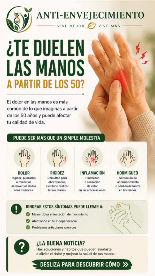 ¿Te duelen las manos al abrir un bote, escribir o coger una taza? No lo normalices por tener más de 50 años.

Responde en comentarios con un "SÍ" o un "NO": ¿Te ha resultado útil esta información?

#Salud #MayoresDe50 #Artrosis #Artritis #DolorDeManos Longevidad EnvejecimientoSaludable Bienestar Prevención AntiEnvejecimiento