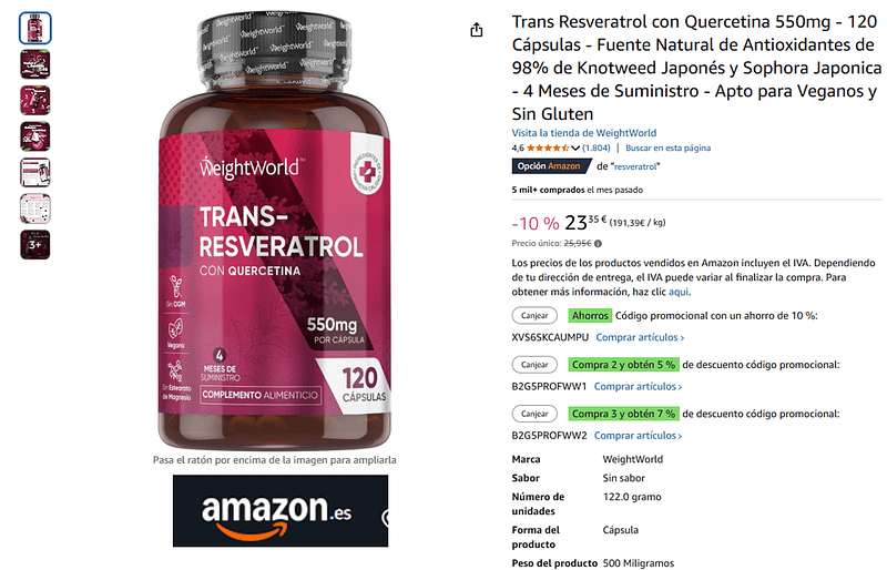 Suplemento de resveratrol para longevidad y salud después de los 50 años.