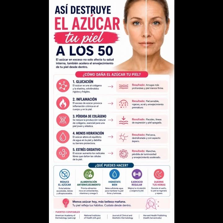 ¿Puede el exceso de azúcar afectar al envejecimiento de tu piel?
Una alimentación con exceso de azúcares no es buena aliada para la salud metabólica ni para el envejecimiento saludable.
A partir de los 50, cuidar la alimentación también es cuidar la piel.
Guarda este reel y compártelo con quien pueda resultarle útil.
#Piel #EnvejecimientoSaludable #Azúcar #Longevidad #Salud50Plus