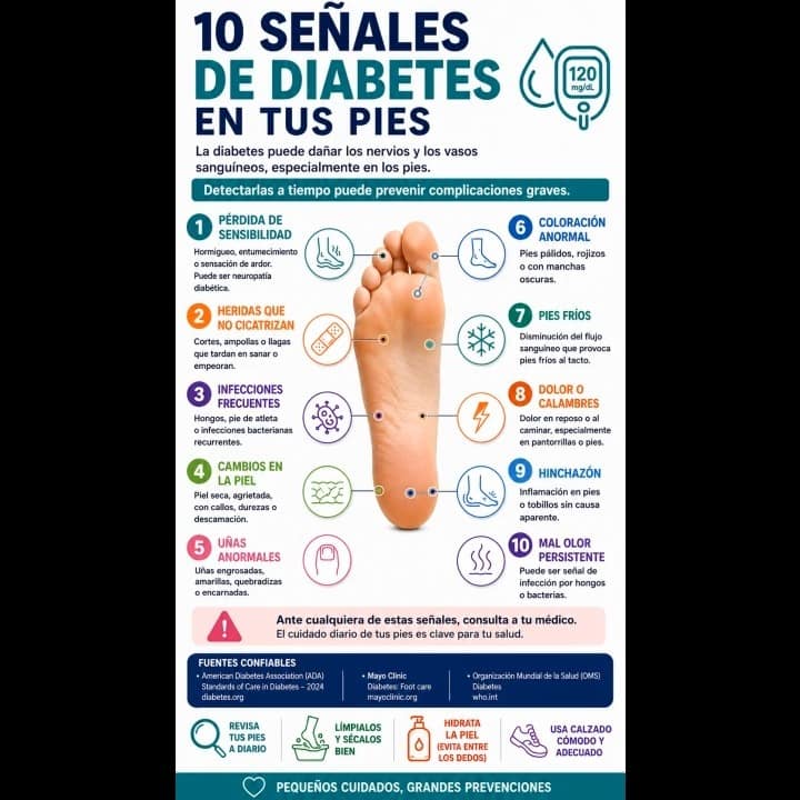 ¿Tienes diabetes? No ignores tus pies.
Pérdida de sensibilidad, heridas que no cicatrizan, cambios de color, infecciones o hinchazón pueden ser señales que conviene revisar.
Guarda este reel y compártelo con alguien que pueda necesitarlo.
#Diabetes #Salud #Pies #Salud50Plus #Prevención