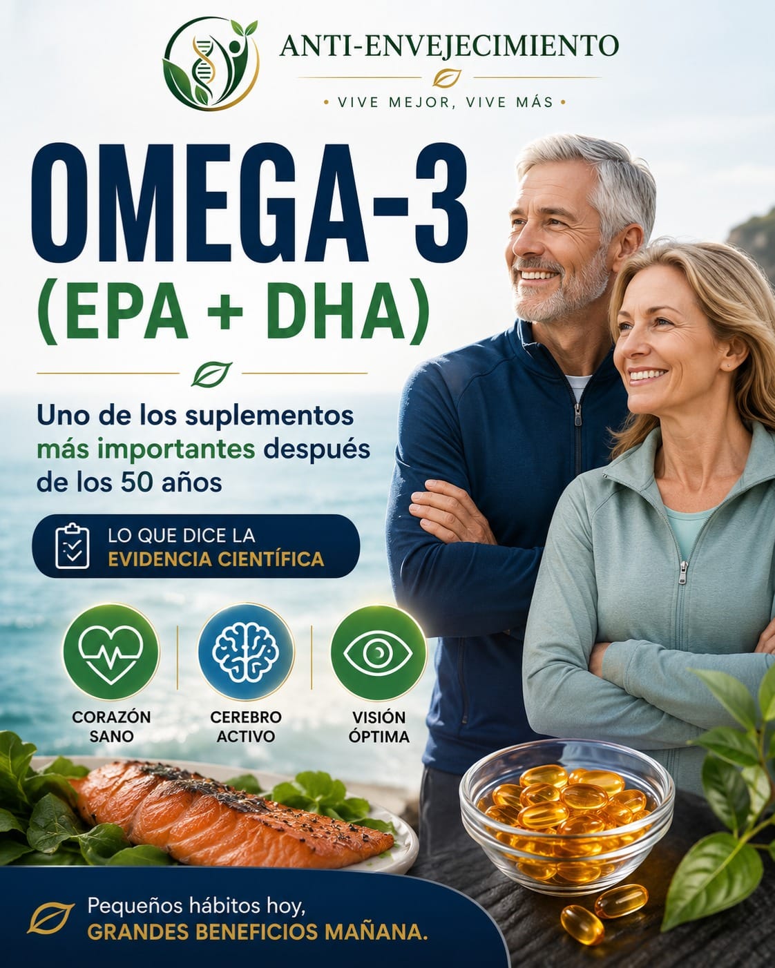 🐟 CARRUSEL 3: OMEGA-3 (EPA Y DHA)¿Sabías que no todos los omega-3 son iguales? En este tercer carrusel de nuestra serie te explicamos, de forma sencilla y basada en la evidencia científica, qué son el EPA y el DHA, por qué son tan importantes a partir de los 50 años y cómo elegir un suplemento de calidad.Aprenderás:✅ Qué diferencia hay entre ALA, EPA y DHA.✅ Sus beneficios para el corazón, el cerebro y la visión.✅ Cómo identificar un buen suplemento.✅ Los principales mitos y realidades sobre el omega-3.✅ Cómo tomarlo para aprovechar al máximo sus beneficios.Recuerda que una alimentación equilibrada es la base de una buena salud, y que los suplementos deben complementar, no sustituir, unos hábitos de vida saludables.Ahora queremos saber tu opinión. 👇¿Tomas omega-3?1️⃣ Sí, todos los días.2️⃣ Solo de vez en cuando.3️⃣ Prefiero obtenerlo con la alimentación.4️⃣ Todavía no, pero me lo estoy planteando.Te leemos en los comentarios. Comparte este carrusel con quien pueda beneficiarse y guárdalo para consultarlo cuando vayas a comprar un suplemento de omega-3.#Omega3 #EPA #DHA #Salud #Longevidad #AntiEnvejecimiento #EnvejecimientoSaludable #Suplementos #SaludCardiovascular #SaludCerebral #MásDe50 #HealthyAging #VidaSaludable #Bienestar #Nutrición