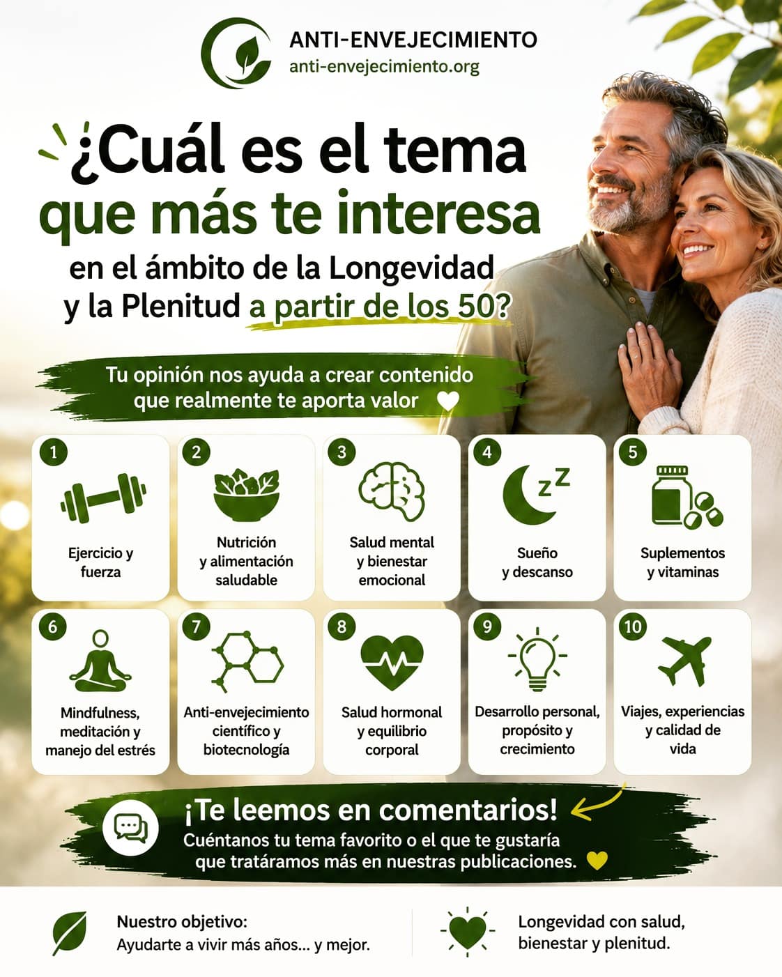 Queremos crear contenido que realmente te ayude a vivir más años... y con mejor salud.Por eso queremos escucharte.¿Cuál es el tema que más te interesa sobre longevidad y bienestar después de los 50?Te leemos en los comentarios. ¿Con qué tema empezamos?#Longevidad #AntiEnvejecimiento #HealthyAging #MayoresDe50 #Bienestar #Salud #Prevención #CalidadDeVida #EnvejecerBien #VidaSaludable