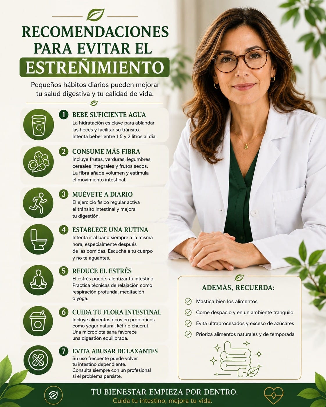 ¿Sufres estreñimiento con frecuencia? No lo normalices. Aunque es más habitual a partir de los 50 años, en muchos casos puede mejorar con cambios sencillos en tu estilo de vida.Bebe suficiente agua, consume alimentos ricos en fibra, muévete cada día y establece un horario regular para ir al baño. Evita recurrir a los laxantes de forma habitual, porque pueden hacer que tu intestino dependa de ellos.Y recuerda: si el estreñimiento dura varias semanas, aparece sangre en las heces, dolor intenso o pérdida de peso, consulta con un profesional sanitario.Sígueme para aprender cómo cuidar tu salud y vivir más años con mejor calidad de vida."