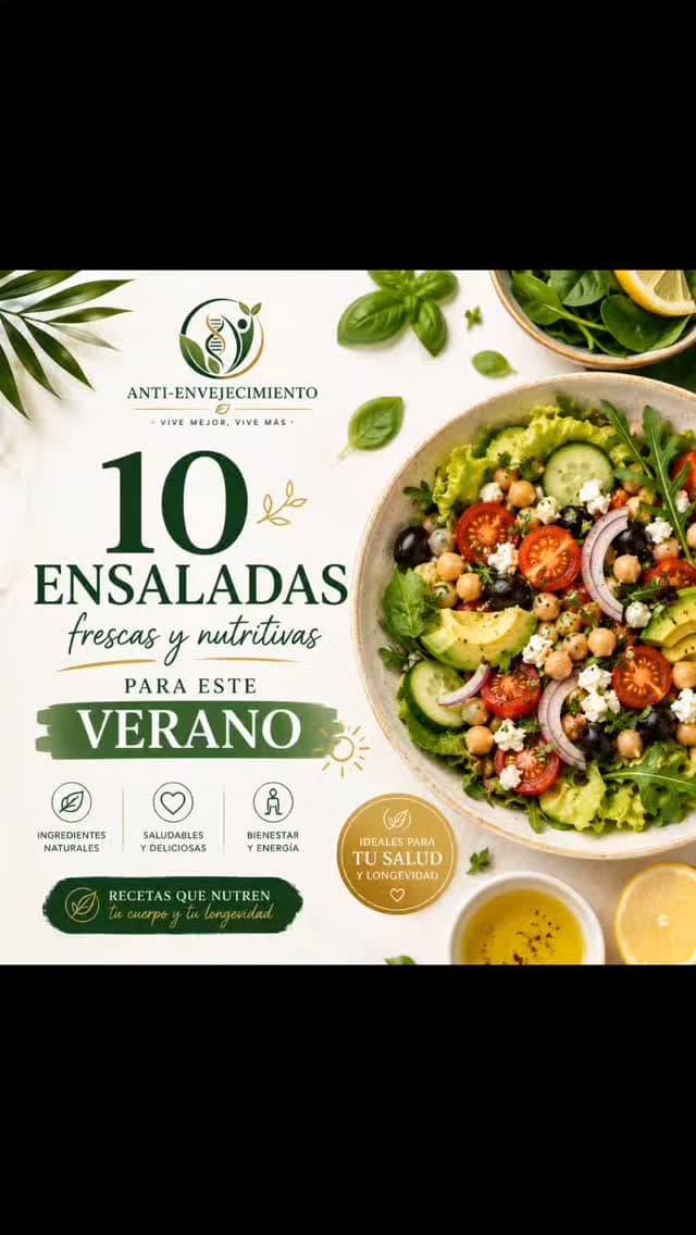 ¿Buscas ideas saludables, frescas y deliciosas para este verano? ☀️🥗 Hemos seleccionado 10 ensaladas nutritivas que combinan ingredientes naturales, proteínas de calidad, grasas saludables, fibra y antioxidantes para ayudarte a cuidar tu salud y tu longevidad. Desde opciones mediterráneas y tropicales hasta recetas ricas en omega-3 y proteínas, encontrarás alternativas para cada gusto y ocasión. ¿Cuál de estas ensaladas vas a preparar primero? Te leemos en comentarios. 👇🌿 Más consejos sobre salud, nutrición y longevidad en: anti-envejecimiento.org#EnsaladasSaludables #AlimentaciónSaludable #VidaSana #Longevidad #AntiEnvejecimiento Nutrición ComidaSaludable HealthyFood DietaMediterránea Bienestar VeranoSaludable HealthyLifestyle SaludDespuésDeLos50 EnsaladasDeVerano AntiEnvejecimientoOrg