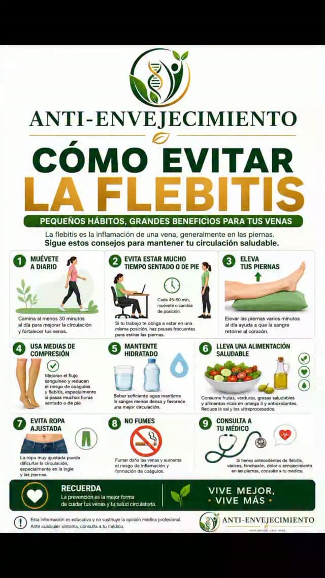 La flebitis puede prevenirse en muchos casos con hábitos sencillos. Camina a diario, evita pasar muchas horas sentado o de pie, mantente bien hidratado, controla tu peso y no fumes. Si tienes dolor, enrojecimiento o hinchazón en una pierna, consulta con un profesional sanitario cuanto antes.

¿Conoces a alguien a quien esta información le pueda ayudar? Compártela.
