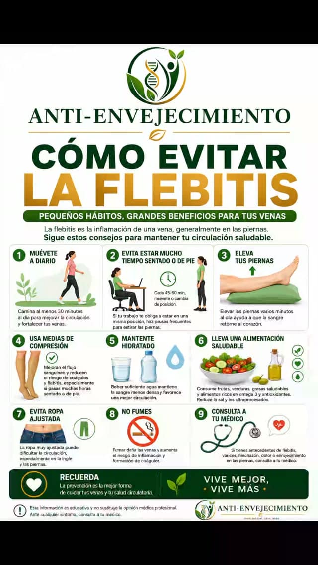 La flebitis puede prevenirse en muchos casos con hábitos sencillos. Camina a diario, evita pasar muchas horas sentado o de pie, mantente bien hidratado, controla tu peso y no fumes. Si tienes dolor, enrojecimiento o hinchazón en una pierna, consulta con un profesional sanitario cuanto antes.

¿Conoces a alguien a quien esta información le pueda ayudar? Compártela.
