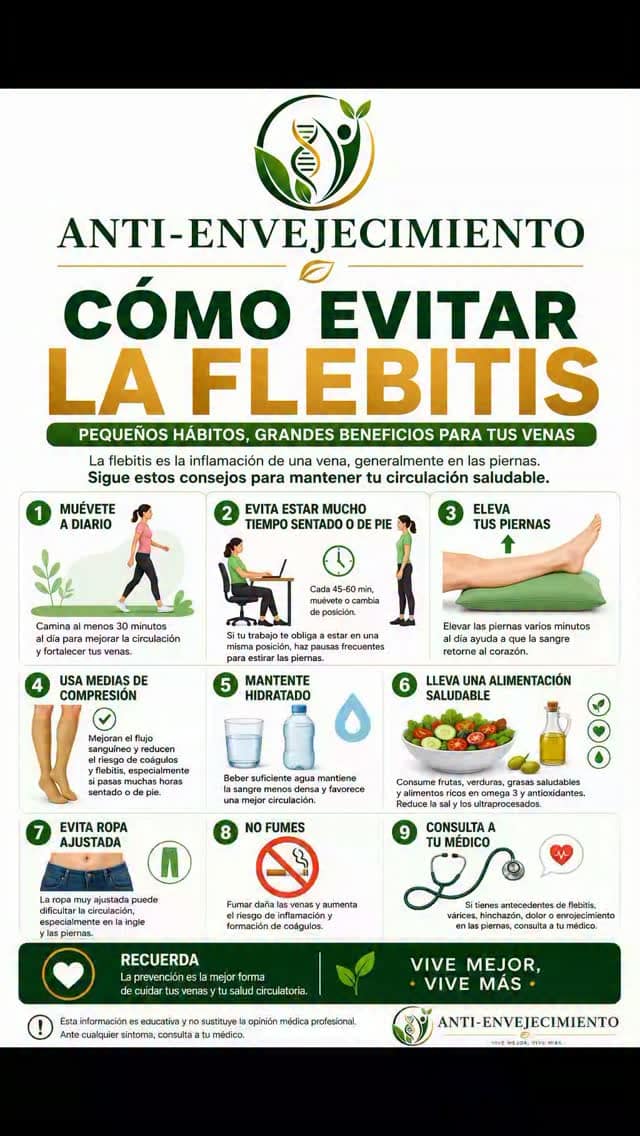 La flebitis puede prevenirse en muchos casos con hábitos sencillos. Camina a diario, evita pasar muchas horas sentado o de pie, mantente bien hidratado, controla tu peso y no fumes. Si tienes dolor, enrojecimiento o hinchazón en una pierna, consulta con un profesional sanitario cuanto antes.

¿Conoces a alguien a quien esta información le pueda ayudar? Compártela.