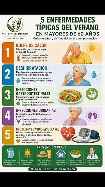 ☀️ 5 enfermedades típicas del verano en mayores de 60 años

El verano puede ser una época maravillosa, pero las altas temperaturas aumentan el riesgo de ciertos problemas de salud, especialmente a partir de los 60 años.

Las más frecuentes son: ✅ Golpe de calor. ✅ Deshidratación. ✅ Infecciones gastrointestinales. ✅ Infecciones urinarias. ✅ Problemas cardiovasculares.

La buena noticia es que la mayoría pueden prevenirse con medidas sencillas: 💧 Bebe agua con frecuencia, aunque no tengas sed. 🧢 Evita el sol en las horas centrales del día. 🥗 Conserva correctamente los alimentos. 🏠 Mantén la casa fresca y bien ventilada. 👨‍⚕️ Consulta a tu médico si tomas medicación que pueda favorecer la deshidratación.

Cuidar estos pequeños hábitos puede marcar una gran diferencia en tu salud y calidad de vida.

¿Cuál de estos problemas te preocupa más durante el verano? Te leo en los comentarios.

#AntiEnvejecimiento #EnvejecimientoSaludable #SaludMayores #MayoresDe60 #VeranoSaludable Longevidad Prevención VidaSaludable Salud Bienestar AdultosMayores EnvejecerConSalud HábitosSaludables Verano Calor