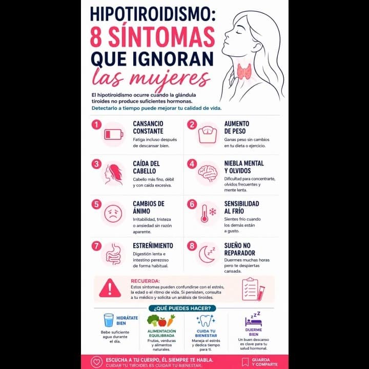 ¿Cansancio, frío, aumento de peso o estreñimiento?
Son algunos síntomas que pueden aparecer en el hipotiroidismo, aunque también pueden tener muchas otras causas.
Si varios persisten, habla con tu médico y valora una analítica.
Guarda este Reel y compártelo.
#Hipotiroidismo #Tiroides #SaludMujer #Salud50Plus #Longevidad